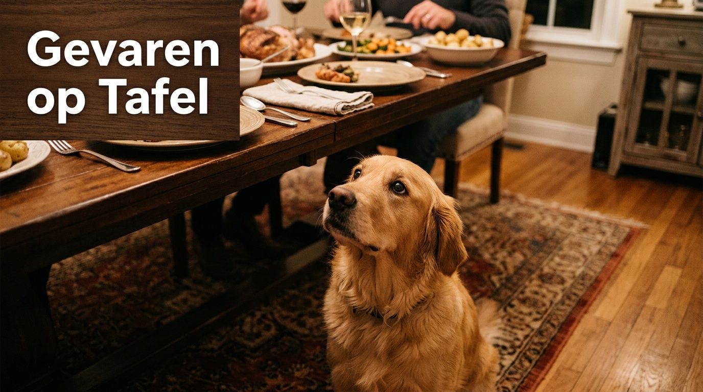 Een gouden retriever kijkt aandachtig naar het eten op een rijkelijk gedekte eettafel tijdens het diner.