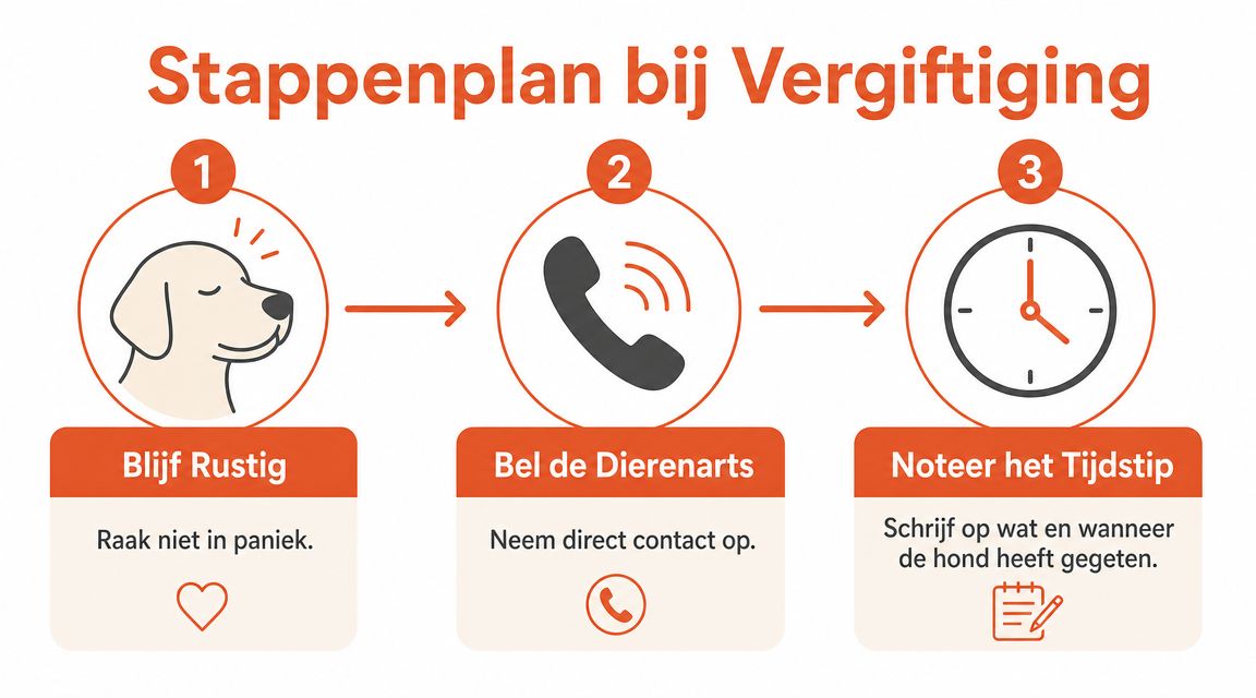 Een stappenplan bij vergiftiging van een hond met drie belangrijke acties: rustig blijven, de dierenarts bellen en noteren.