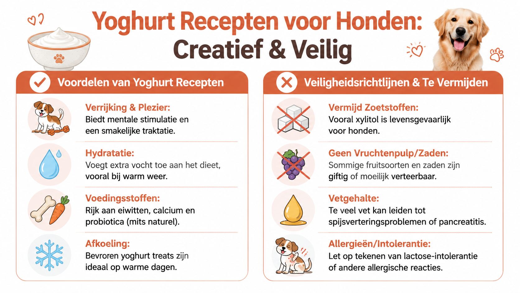Een informatieve infographic over gezonde yoghurt recepten voor honden, inclusief voordelen, veiligheidsrichtlijnen en belangrijke waarschuwingen.