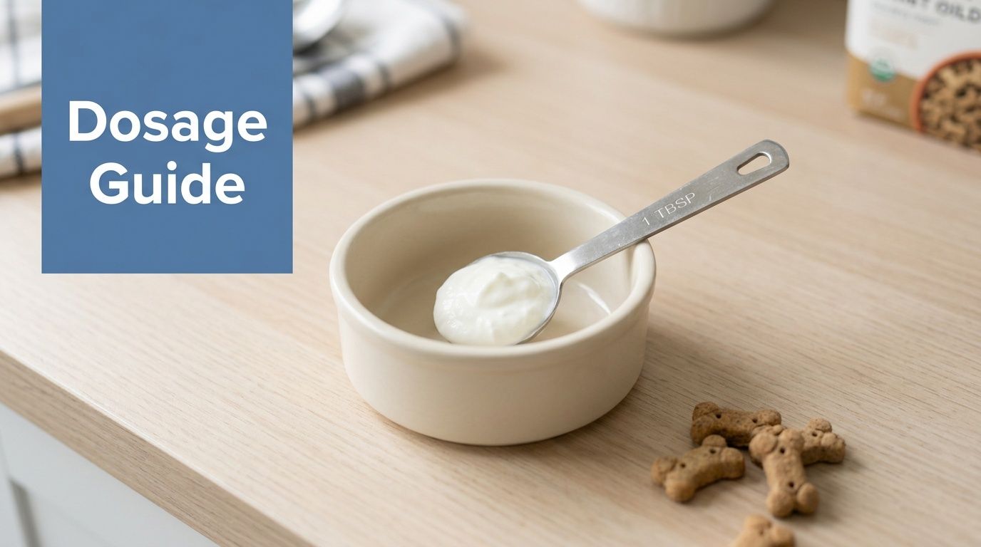 Een maatlepel met een eetlepel yoghurt in een kommetje naast een paar hondenkoekjes op een houten tafel.