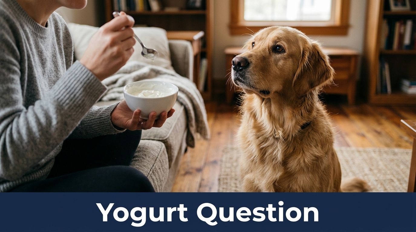 Een persoon zit op een bank met een kom yoghurt terwijl een golden retriever aandachtig toekijkt.