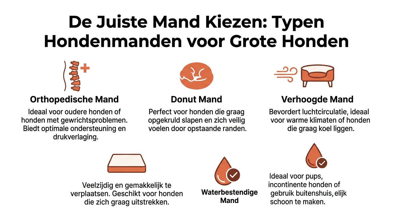 Een overzicht van verschillende soorten hondenmanden voor grote honden, inclusief orthopedische, donut-, verhoogde en waterbestendige manden.