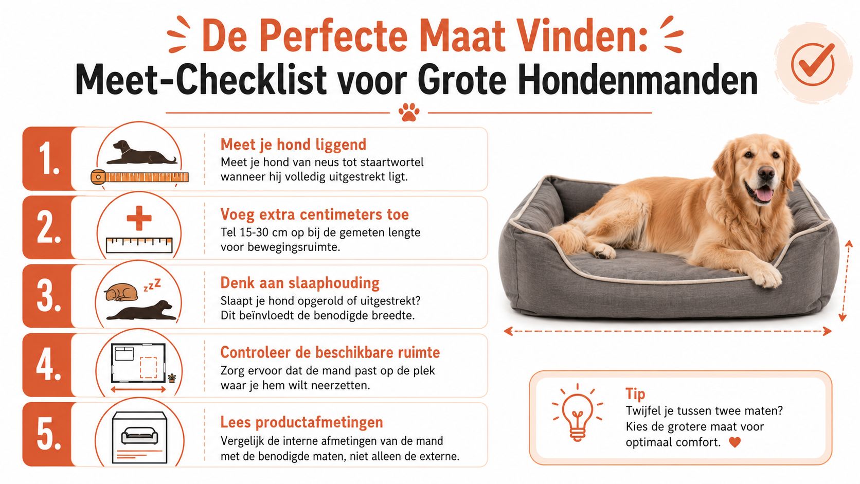 Een informatieve infographic met 5 stappen voor het kiezen van de juiste hondenmand voor grote honden.