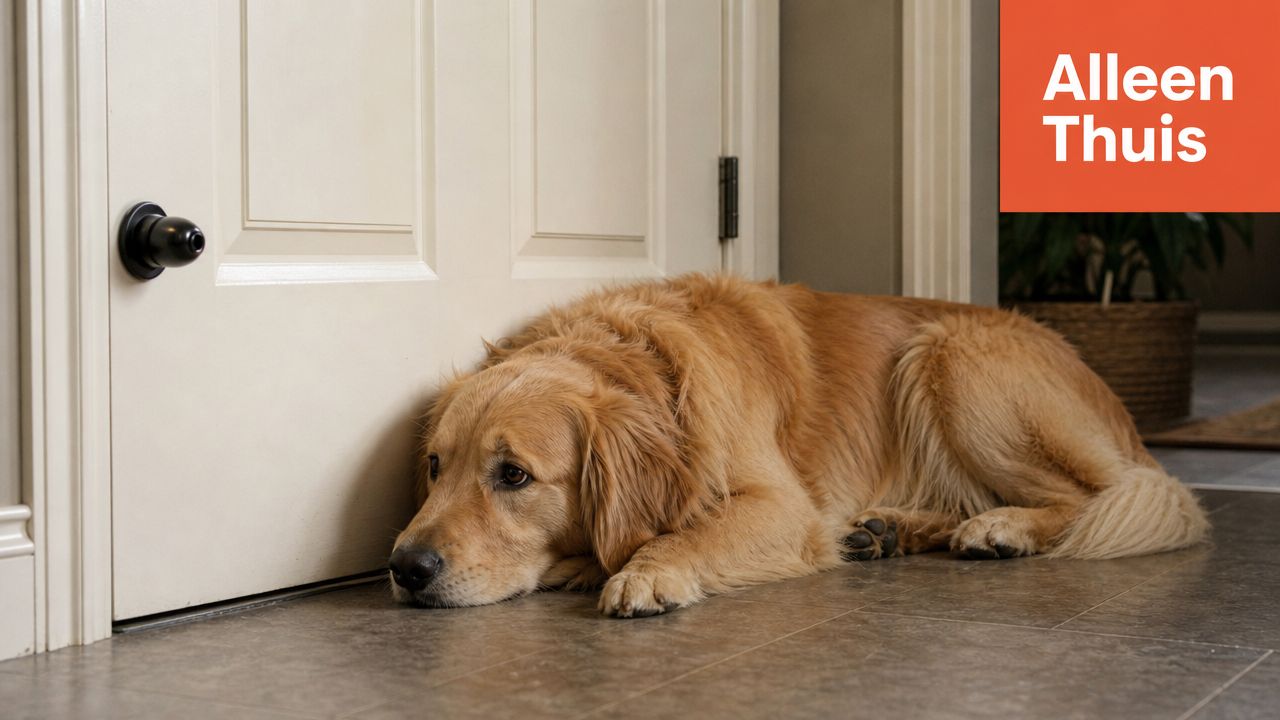 Een trouwe golden retriever ligt te wachten voor een gesloten binnendeur in een sfeervol huis.