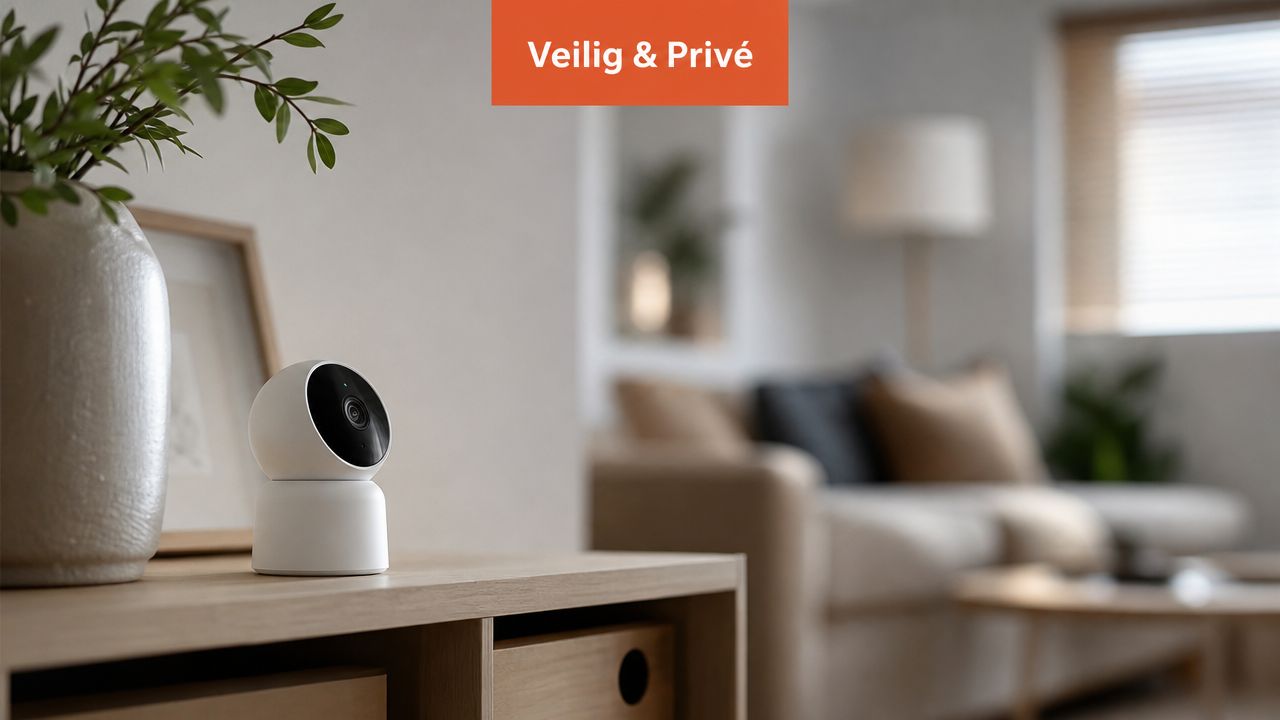Een moderne witte beveiligingscamera staat op een houten kast in een gezellig en licht ingericht woonkamerinterieur.