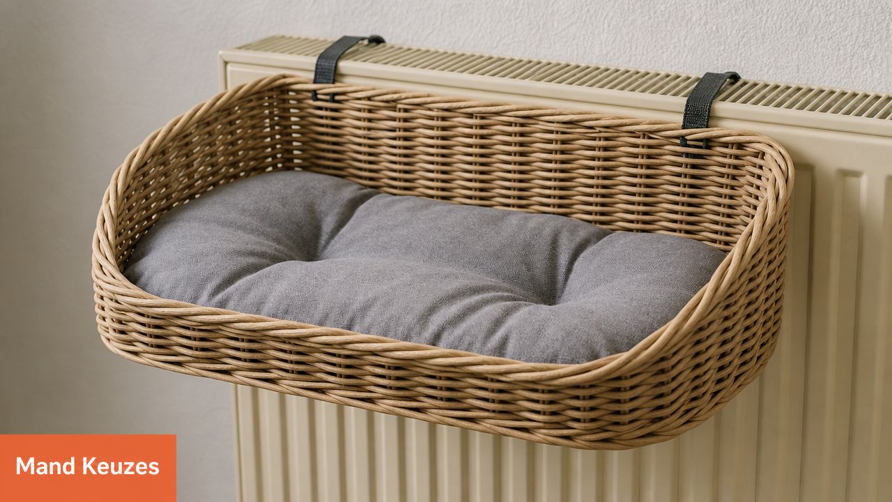 Een beige gevlochten kattenmand voor aan de verwarming met een zacht grijs kussen erin voor een huisdier.