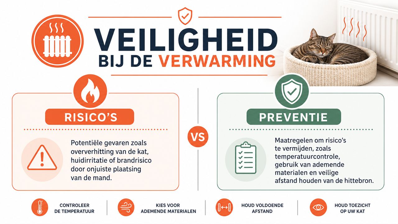 Een informatieve infographic over veiligheid voor katten bij het gebruik van een verwarming met preventieve tips.