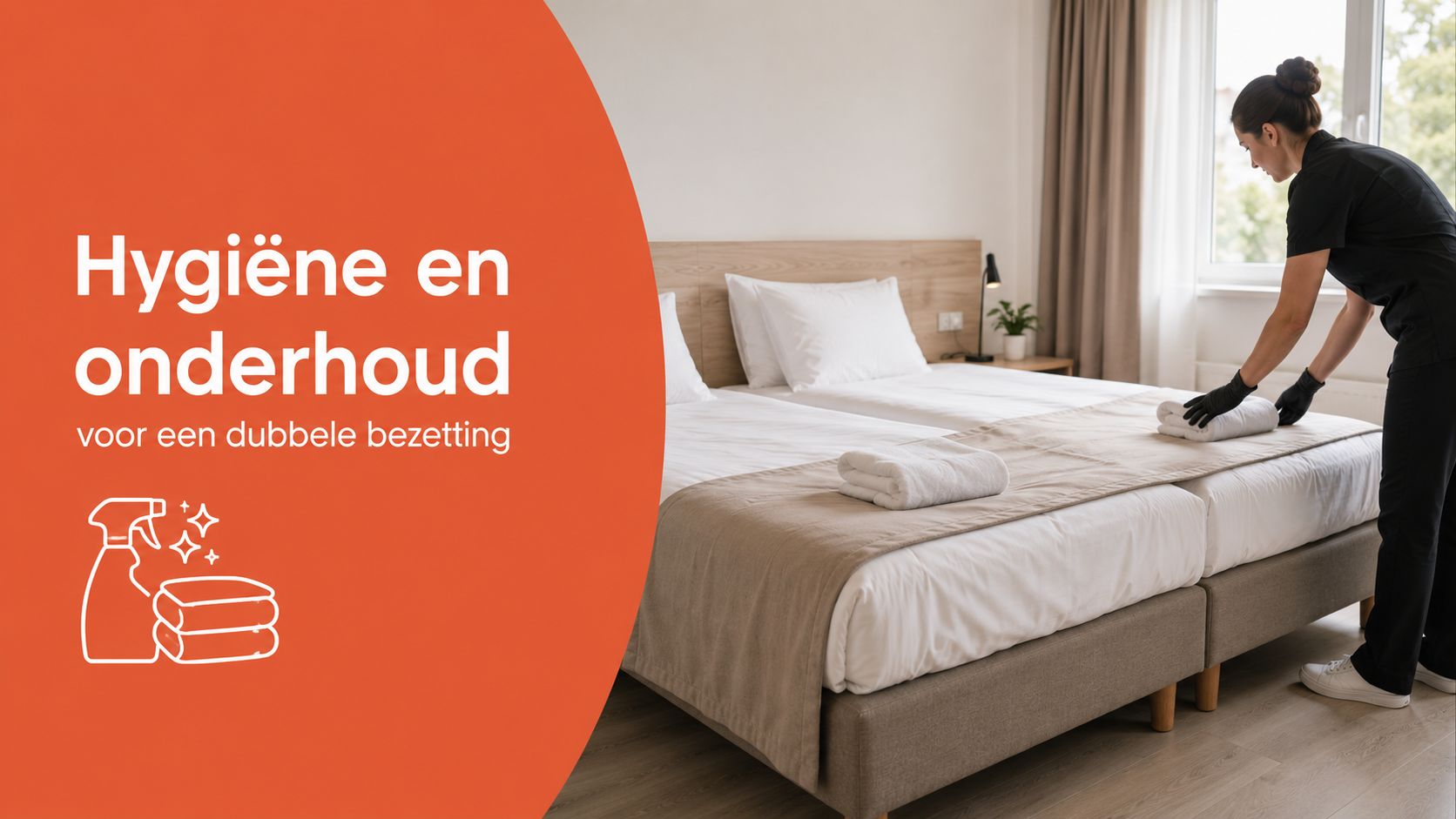 Een hotelmedewerker in een zwart uniform maakt een tweepersoonsbed op in een nette, moderne hotelkamer.