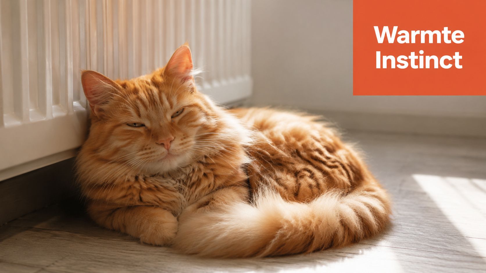 Een pluizige oranje kat ligt ontspannen op de vloer naast een witte verwarming in een kamer.