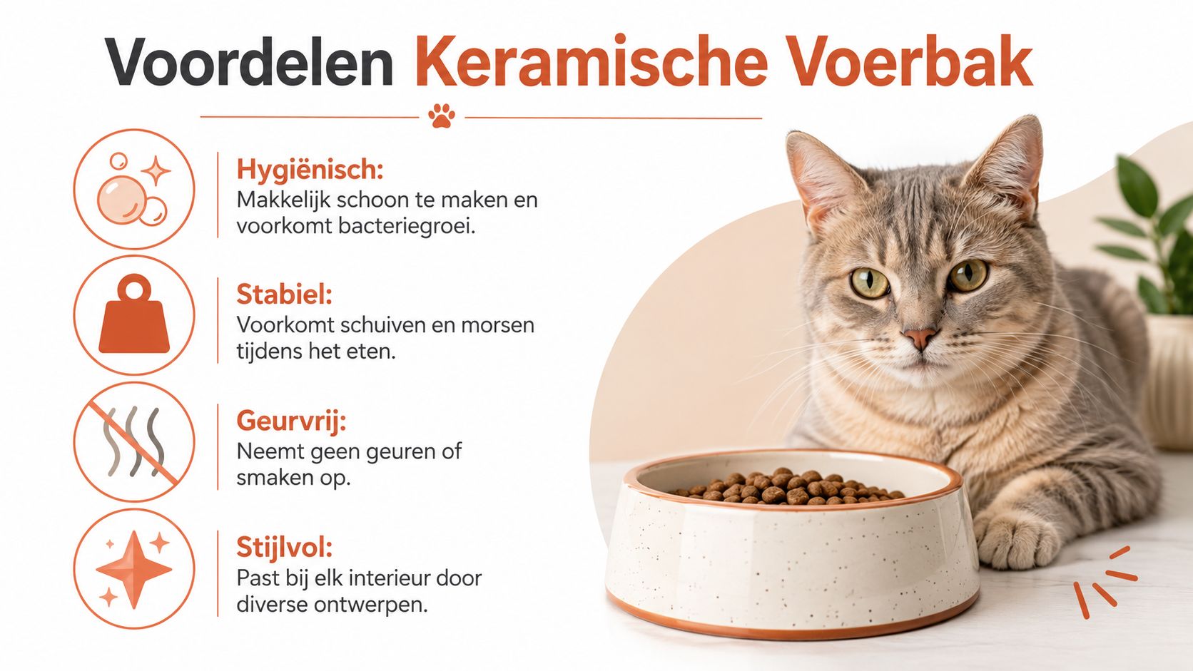 Een informatieve afbeelding over de voordelen van een keramische voerbak voor katten met een bijpassende kat.