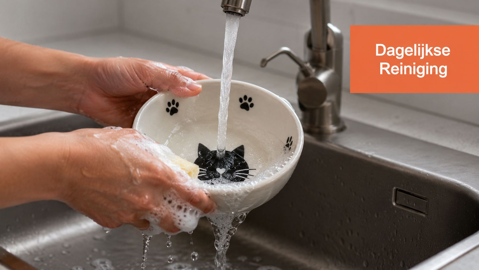 Een persoon wast een keramische voerbak voor een kat met de hand af in een roestvrijstalen gootsteen.