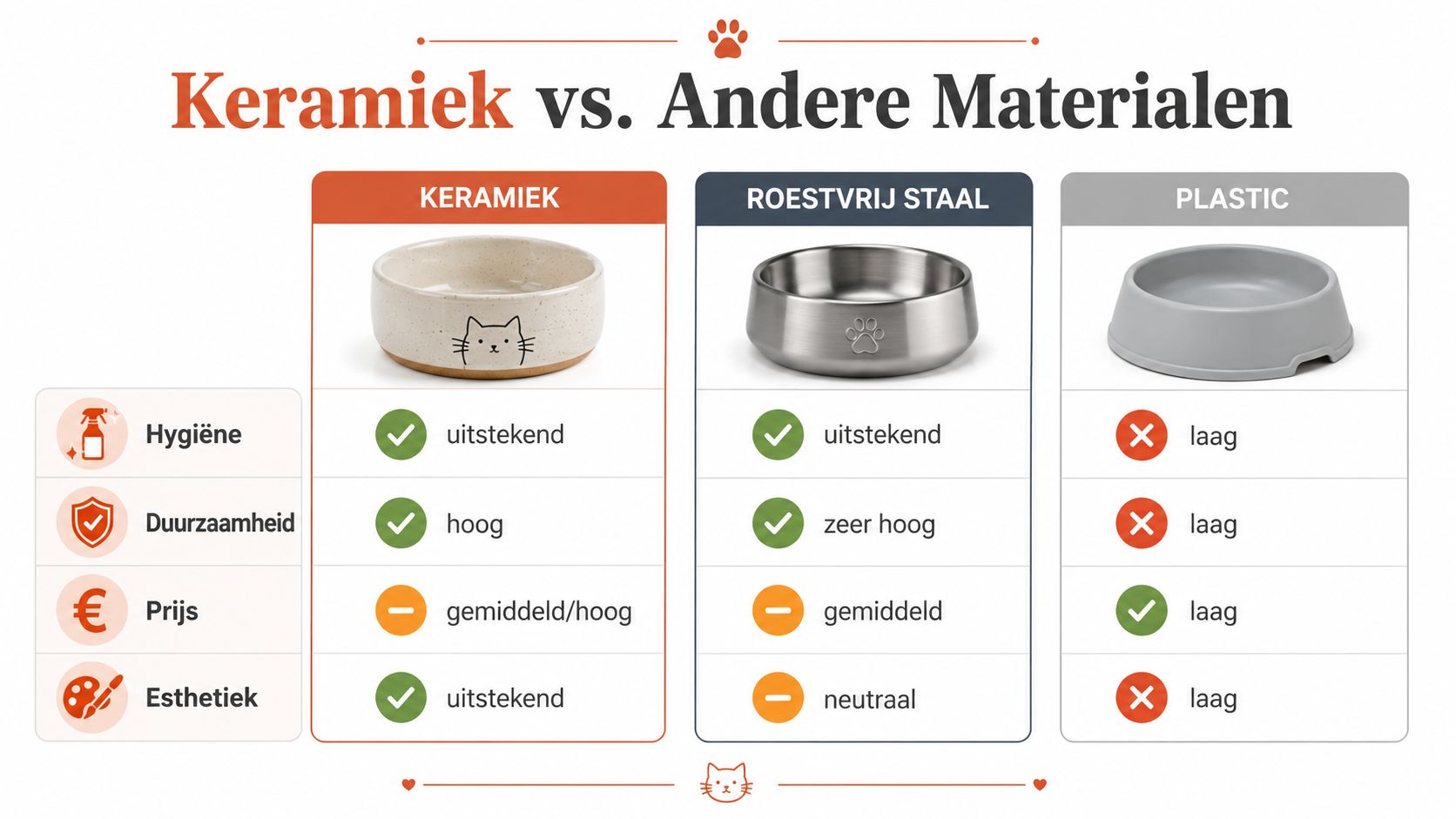 Vergelijkingstabel van voerbakken voor katten gemaakt van keramiek, roestvrij staal en plastic op basis van eigenschappen.