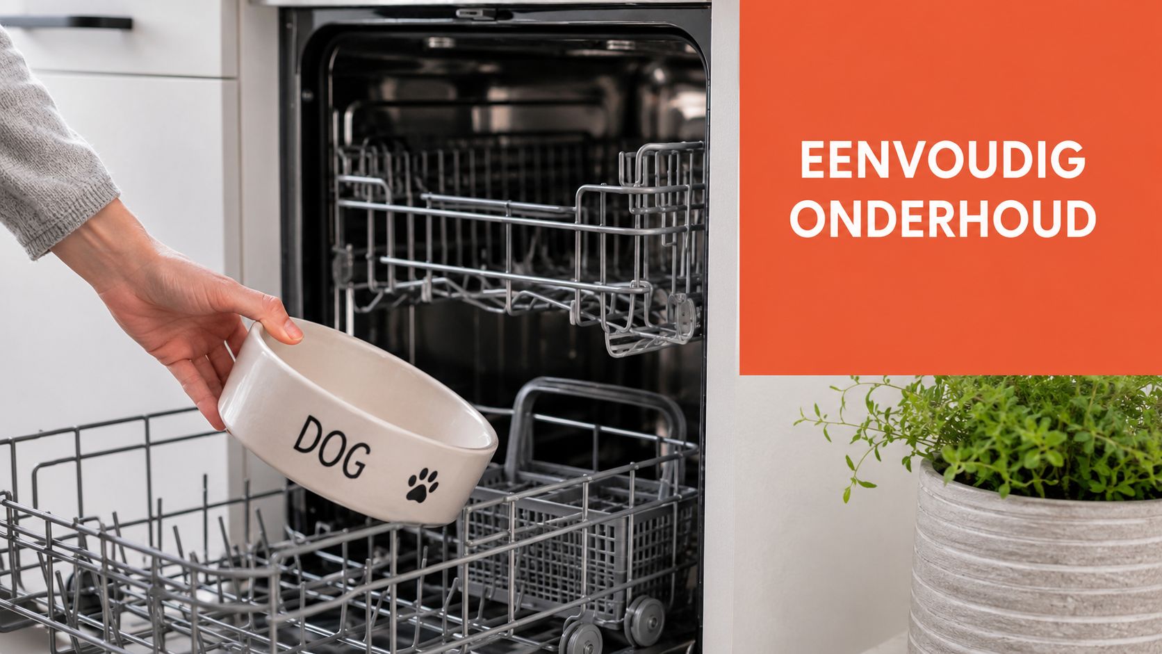 Een hand plaatst een keramische hondenvoerbak met opdruk in een geopende vaatwasser in een moderne keukenomgeving.