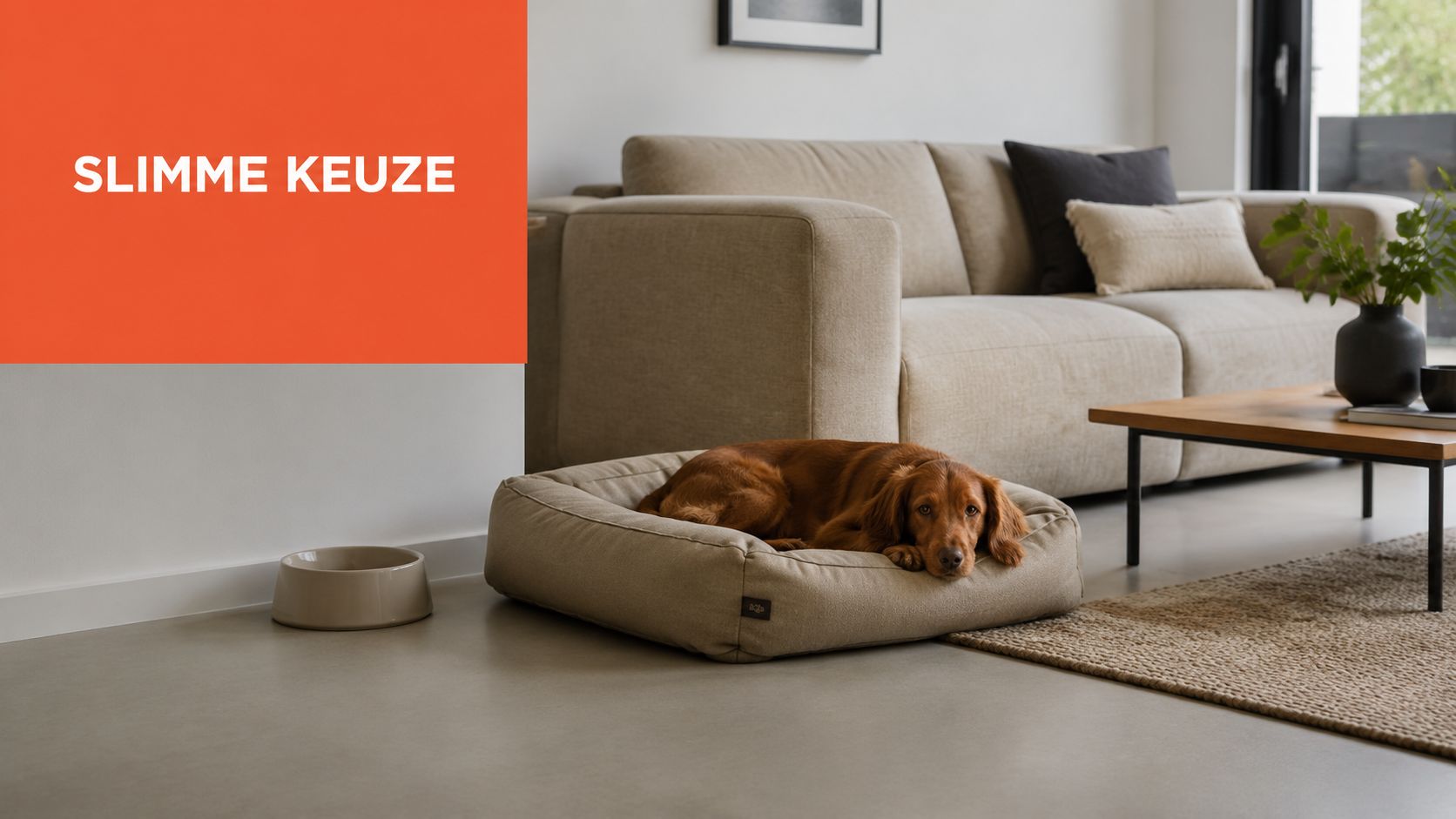 Een bruine hond ligt comfortabel in een beige hondenmand naast een bijpassende keramische voerbak in de woonkamer.