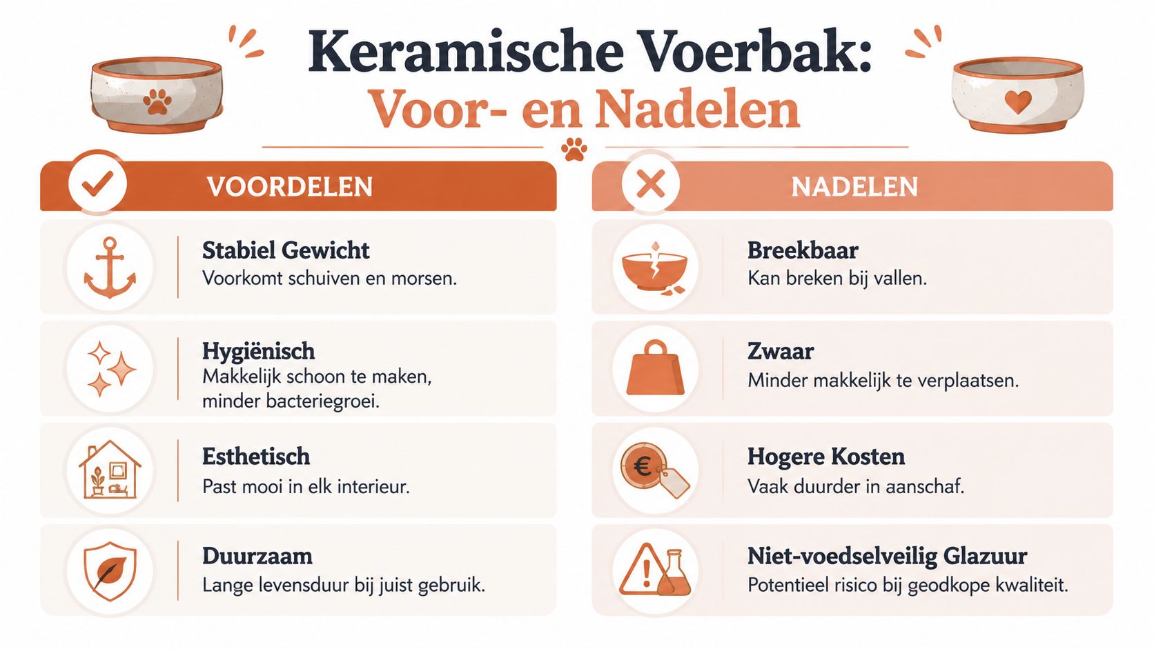 Een overzicht van de voor- en nadelen van een keramische voerbak voor huisdieren in een tabel.