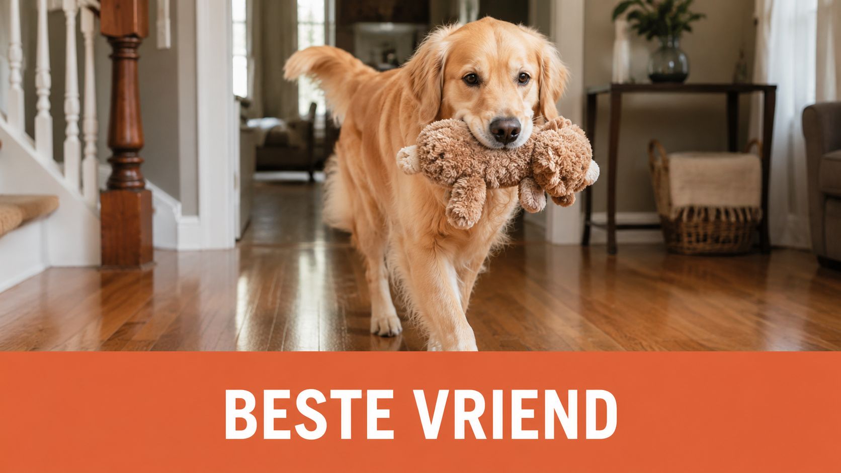 Een vrolijke golden retriever hond loopt door een huis met een knuffelbeer in zijn bek.