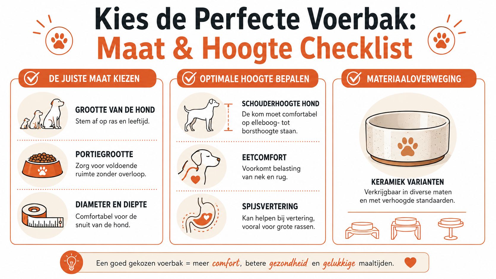 Een informatieve infographic over het kiezen van de juiste maat en hoogte voor een hondenschaal.