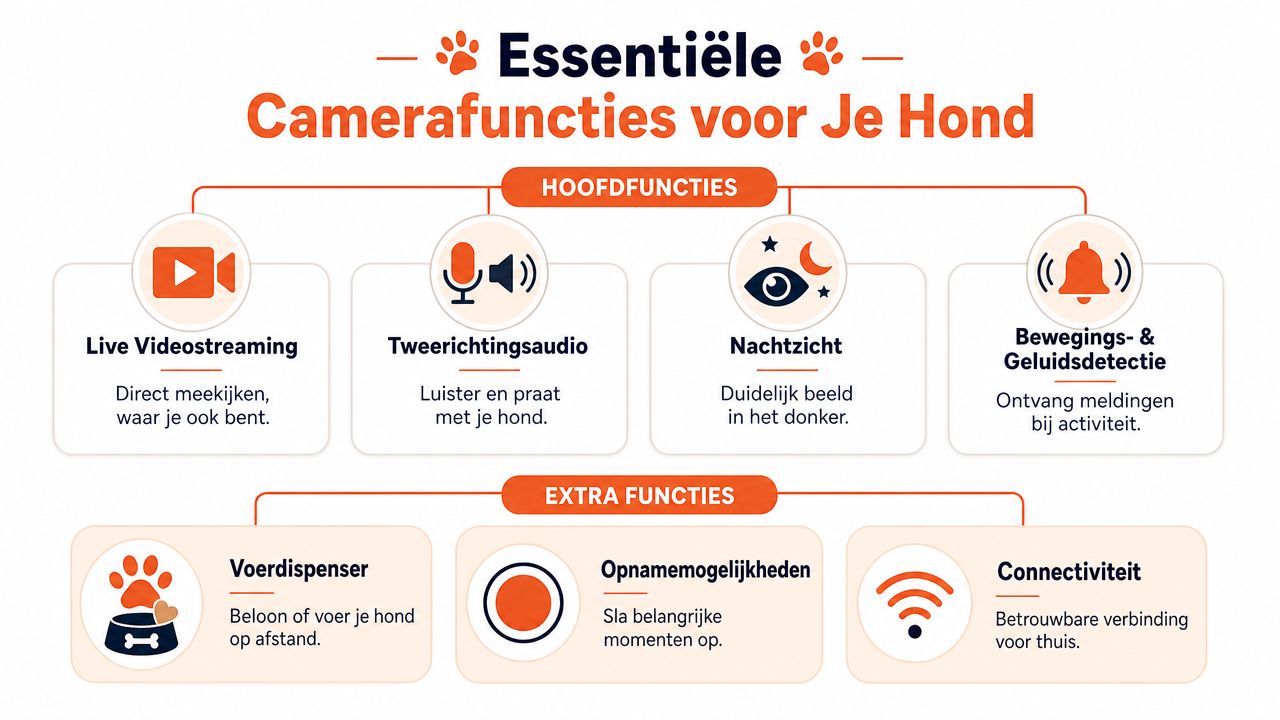 Overzichtsgrafiek van essentiële en extra functies van een hondencamera voor eigenaren om hun huisdier op afstand te monitoren.