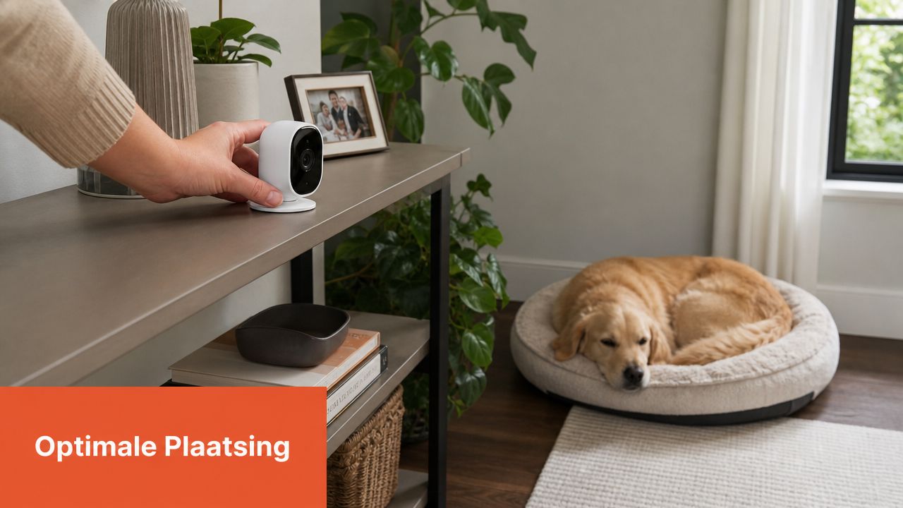 Iemand plaatst een beveiligingscamera op een kastje terwijl een hond op een bed op de vloer slaapt.