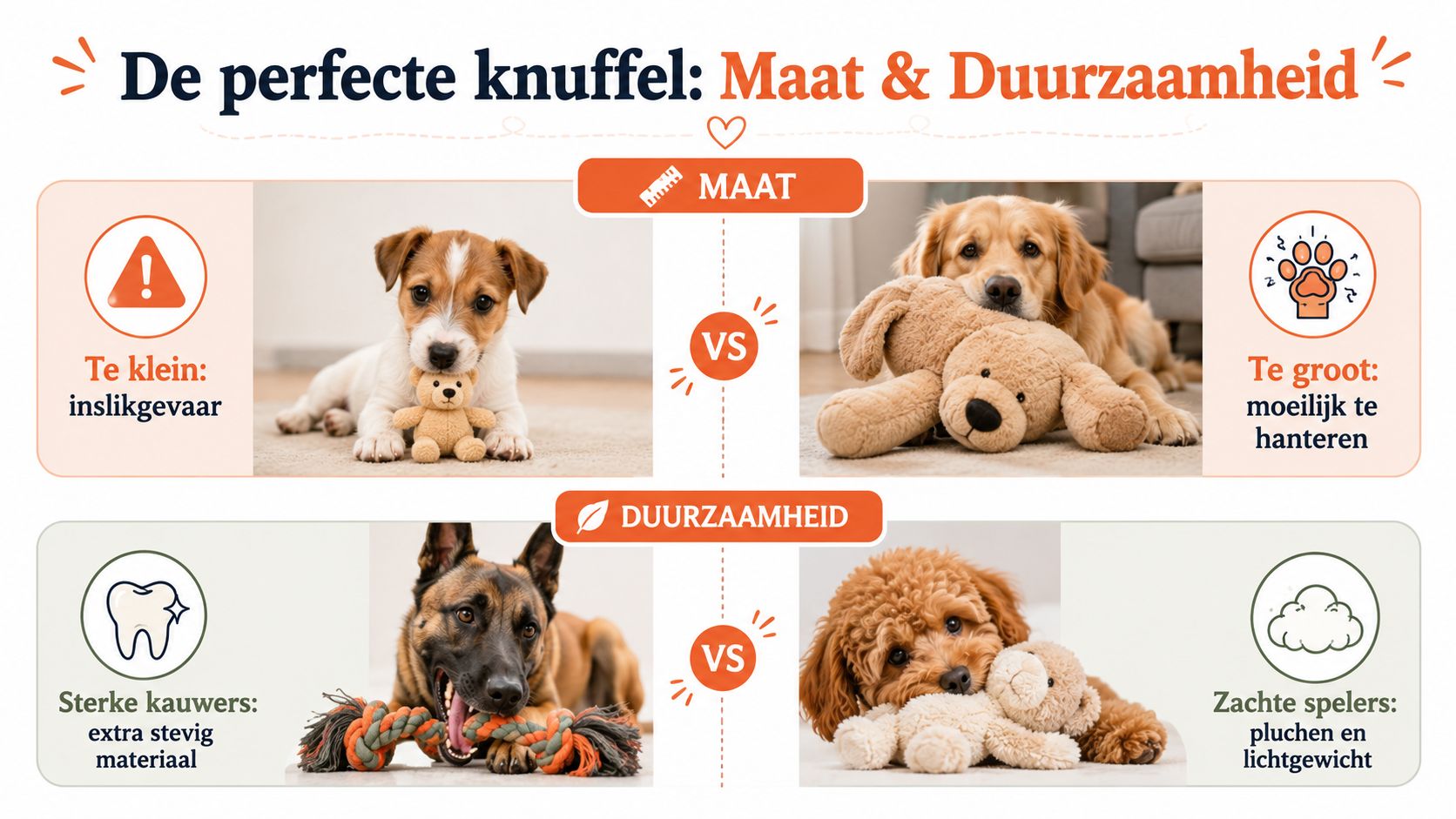 Een informatieve infographic over het kiezen van de juiste maat en duurzaamheid van een hondenspeeltje.