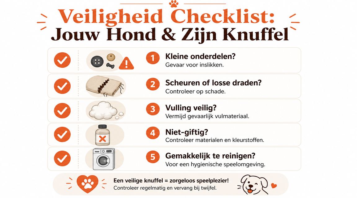 Een informatieve veiligheidschecklist voor hondenknuffels met vijf belangrijke controlepunten voor de veiligheid en gezondheid van uw hond.