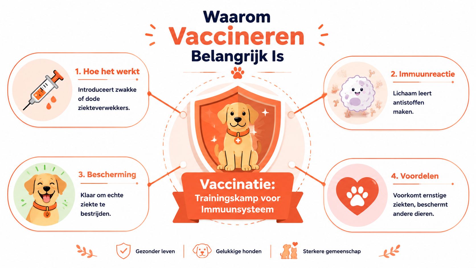 Een informatieve infographic in het Nederlands die uitlegt waarom vaccineren belangrijk is voor de gezondheid van honden.