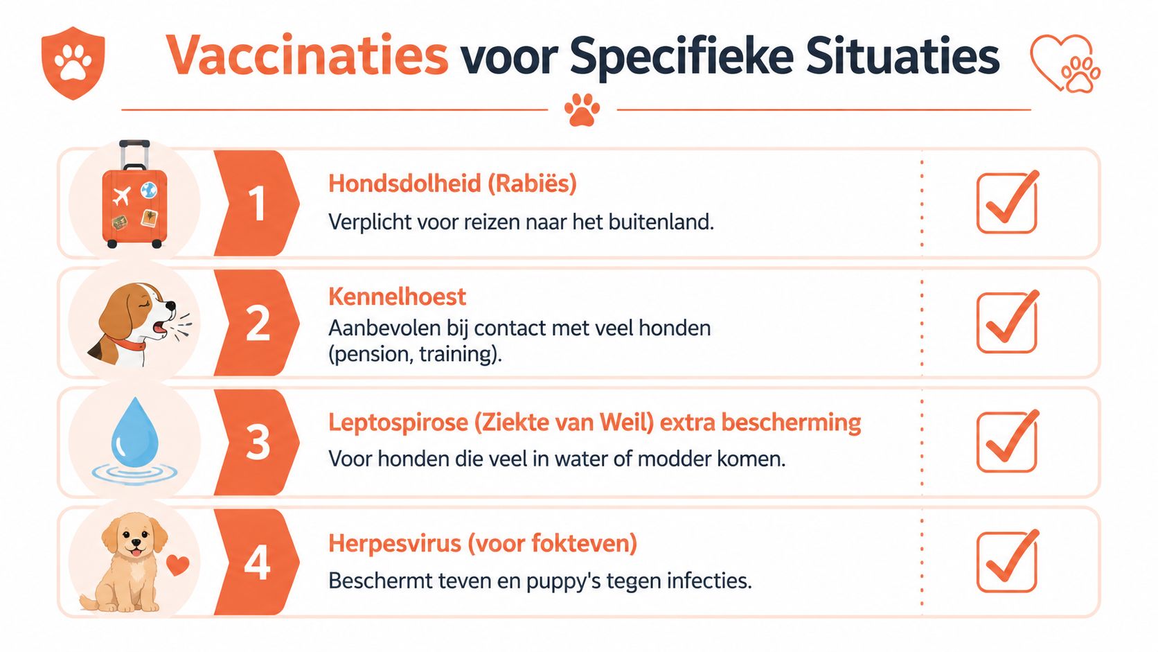 Een infographic over vaccins voor honden in specifieke situaties, zoals reizen, kennelverblijf, zwemmen en fokken.