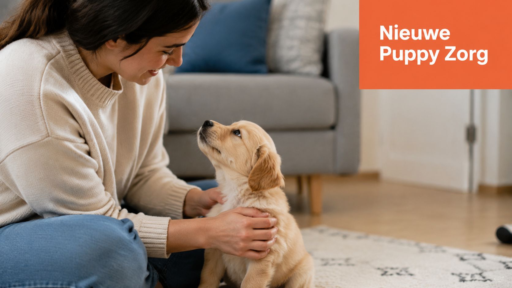 Een jonge vrouw kijkt liefdevol naar haar schattige puppy in de woonkamer voor de beste zorg.