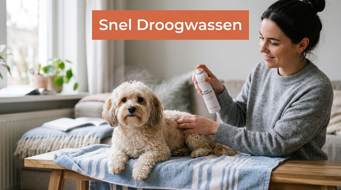 Een vrouw gebruikt droogshampoo om de vacht van haar kleine beige hond op een bank te verzorgen.