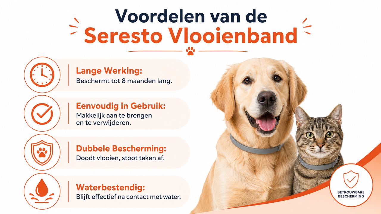 Een informatieve afbeelding over de voordelen van de Seresto vlooienband voor honden en katten.