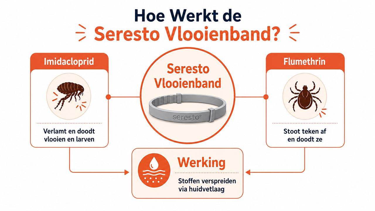Een infographic die de werking van de Seresto vlooienband uitlegt met Imidacloprid en Flumethrin voor honden.