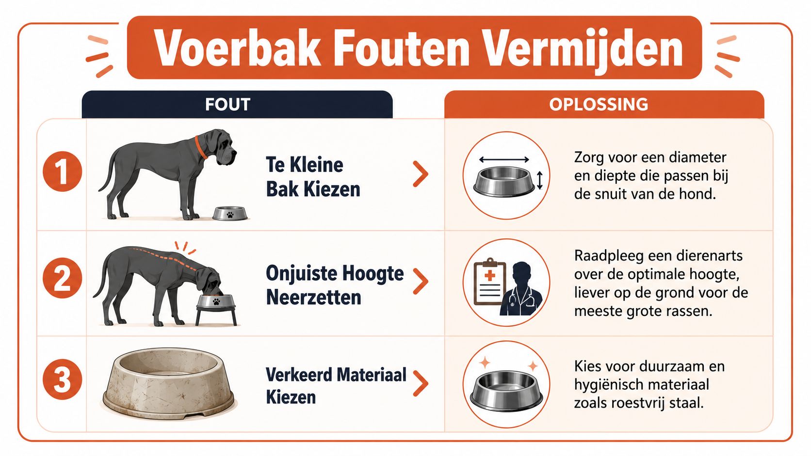 Een informatieve afbeelding over veelvoorkomende fouten bij het kiezen van een voerbak voor grote honden.