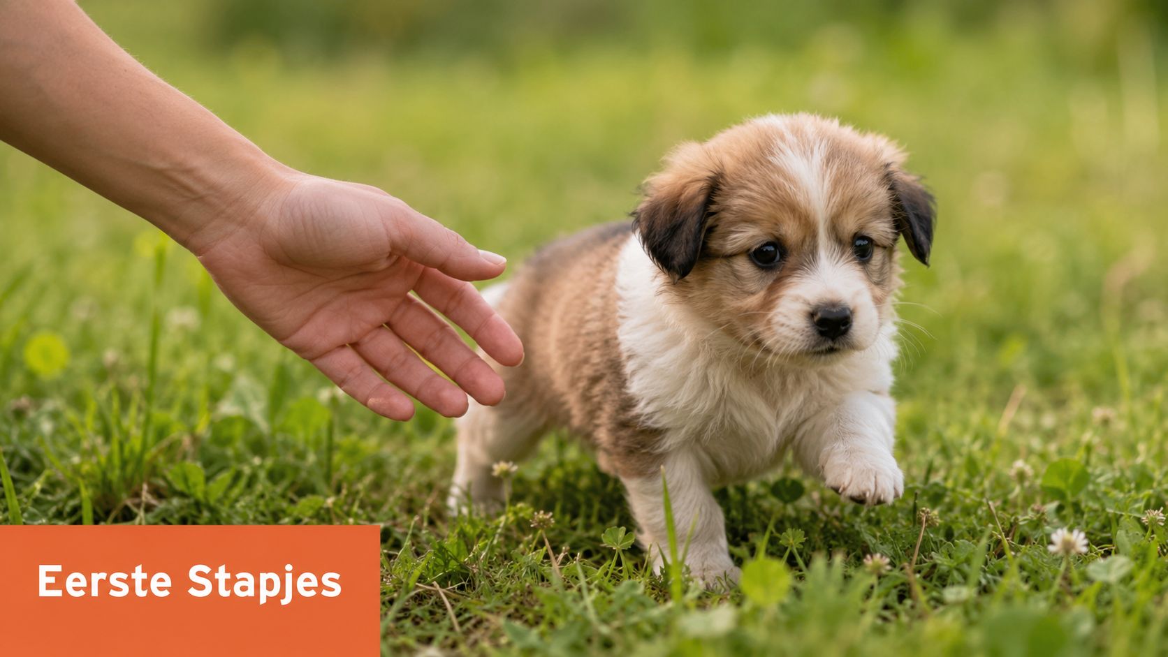 Een menselijke hand reikt uit naar een schattige, pluizige puppy die voorzichtig zijn eerste stapjes in het gras zet.