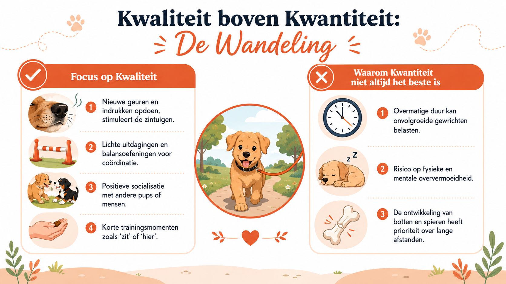 Een informatieve infographic over puppywandelingen met de nadruk op kwaliteit boven kwantiteit voor de gezonde ontwikkeling.