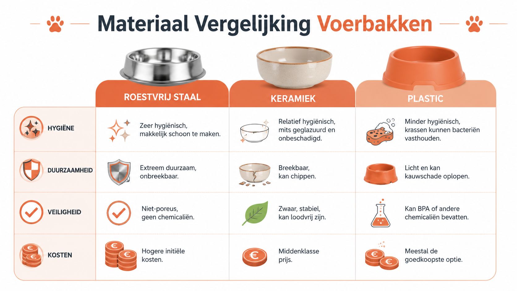Een vergelijkingstabel van voerbakmaterialen voor honden, zoals roestvrij staal, keramiek en plastic, met hun eigenschappen.
