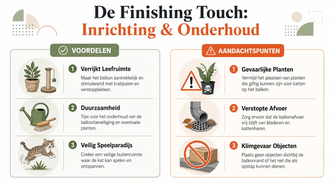 Een informatieve infographic over het inrichten en onderhouden van een veilig, katvriendelijk balkon voor huisdieren.