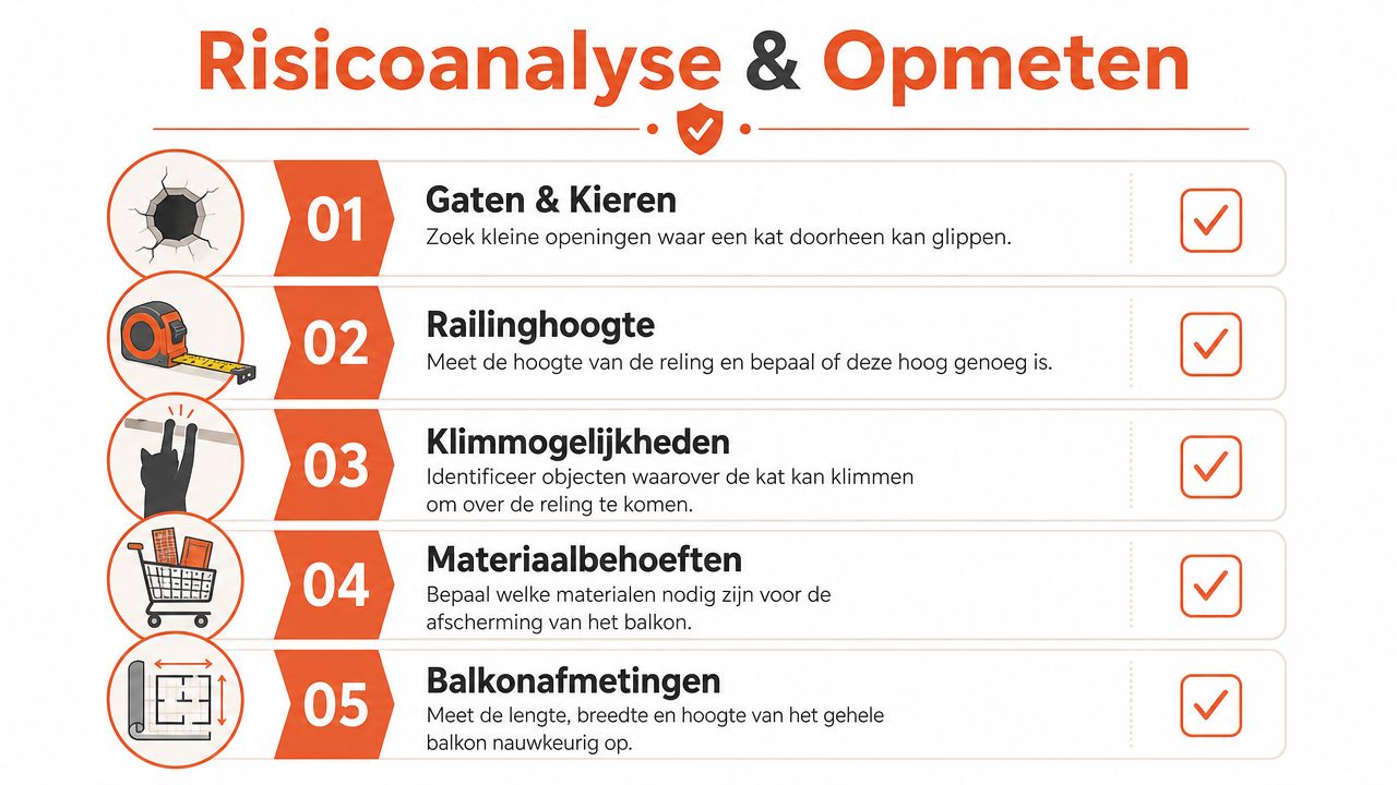 Stappenplan voor een risicoanalyse en opmeten van een balkon om het veilig te maken voor katten.