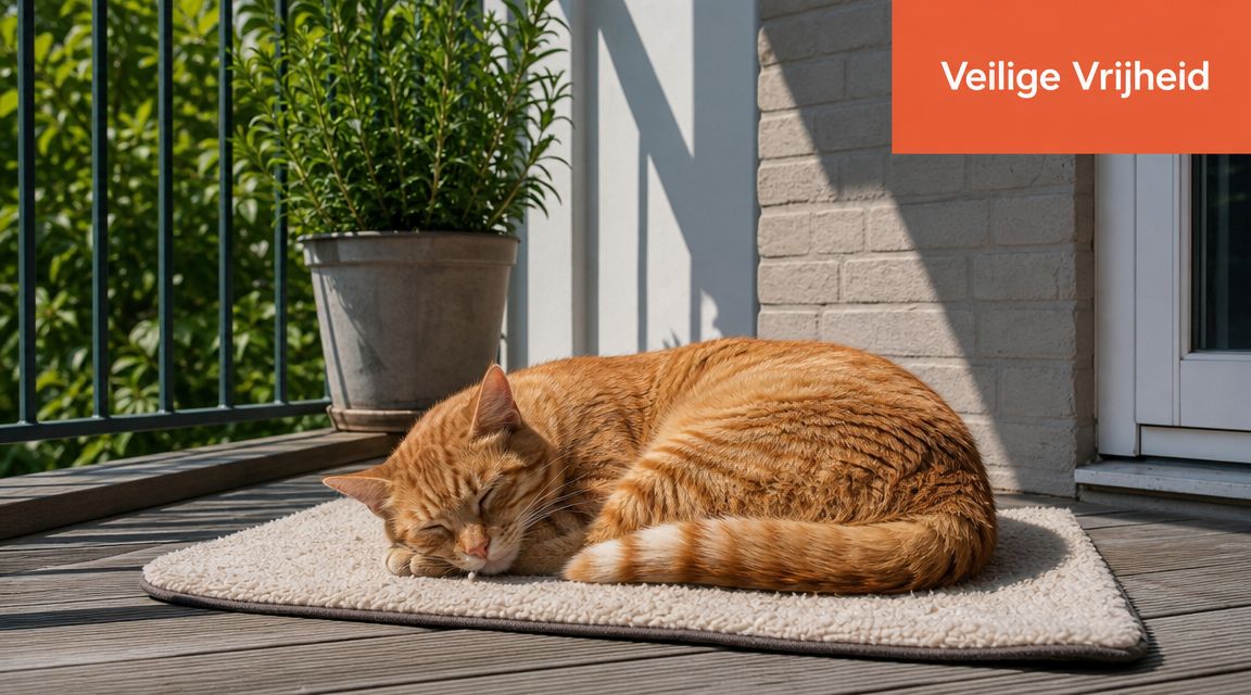 Een oranje kat slaapt vredig op een zacht kleed op een veilig afgeschermd balkon in de zon.