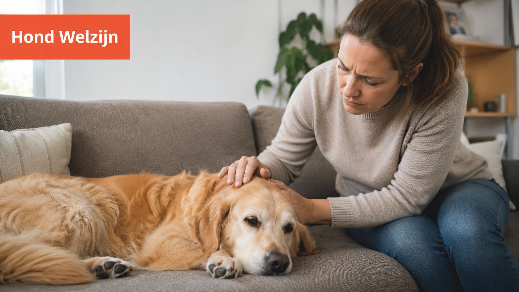 Een zorgzame vrouw troost haar zieke golden retriever die op de bank ligt en rust uit.