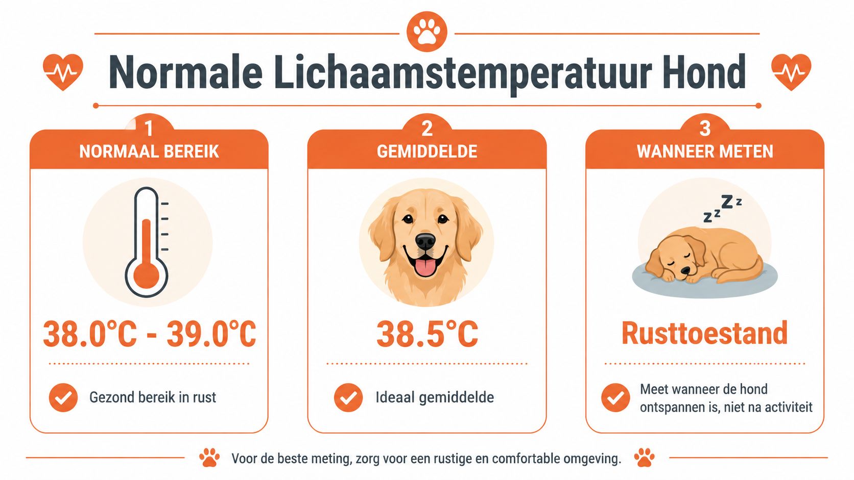 Een informatieve infographic over de normale lichaamstemperatuur van een hond, inclusief bereik, gemiddelde en meetinstructies.