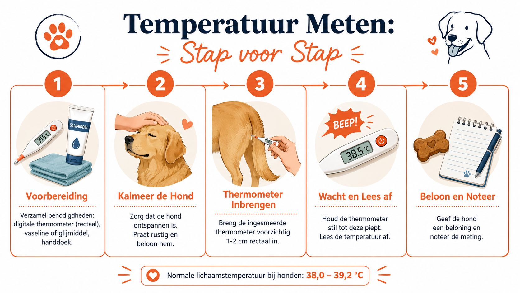 Stappenplan voor het veilig meten van de lichaamstemperatuur bij een hond met een digitale thermometer.