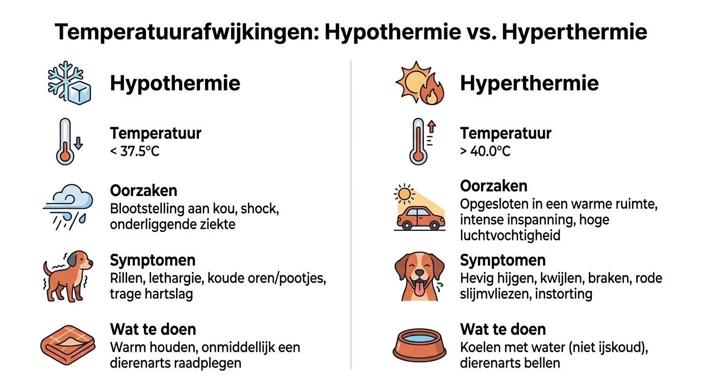 Een informatieve infographic over temperatuurafwijkingen bij honden, vergelijkt hypothermie en hyperthermie, oorzaken, symptomen en eerste hulp.