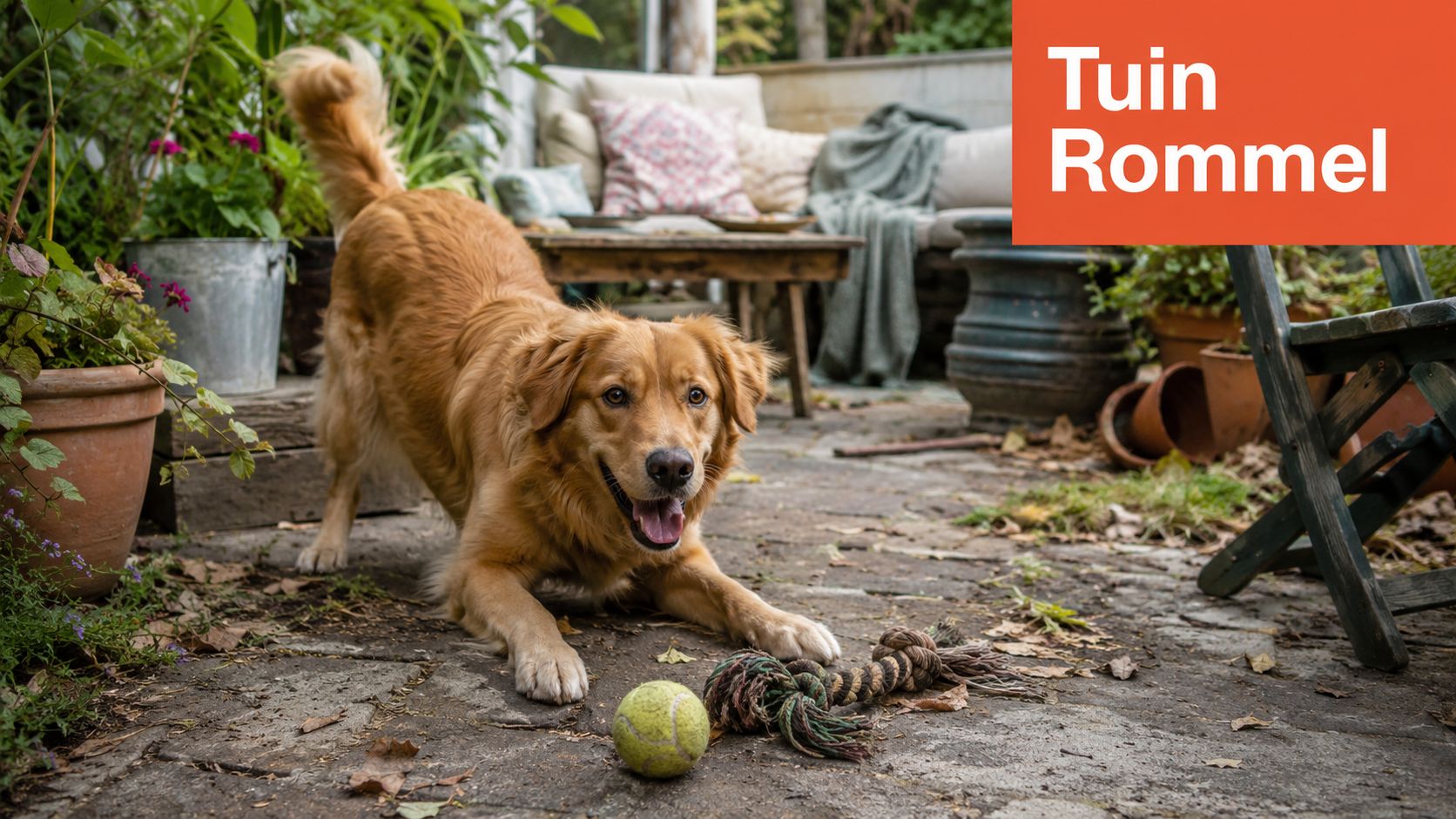 Een vrolijke hond speelt in een rommelige tuin met een tennisbal en een touwspeeltje op de tegels.