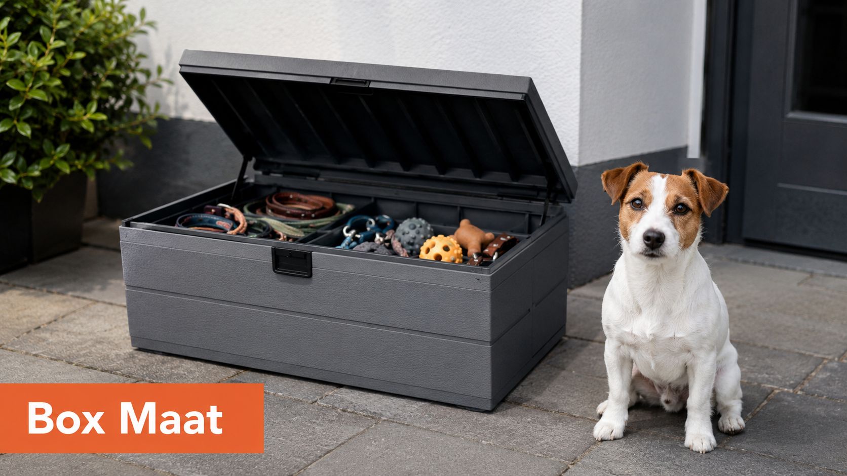 Een grijze kunststof opbergbox voor buiten staat op een terras naast een zittende Jack Russell terriër.