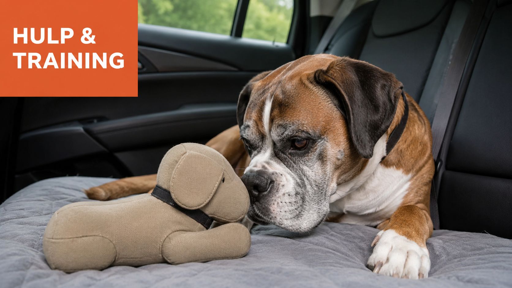 Een boxerhond die op een achterbank van een auto snuffelt aan een beige stoffen hondenknuffel.