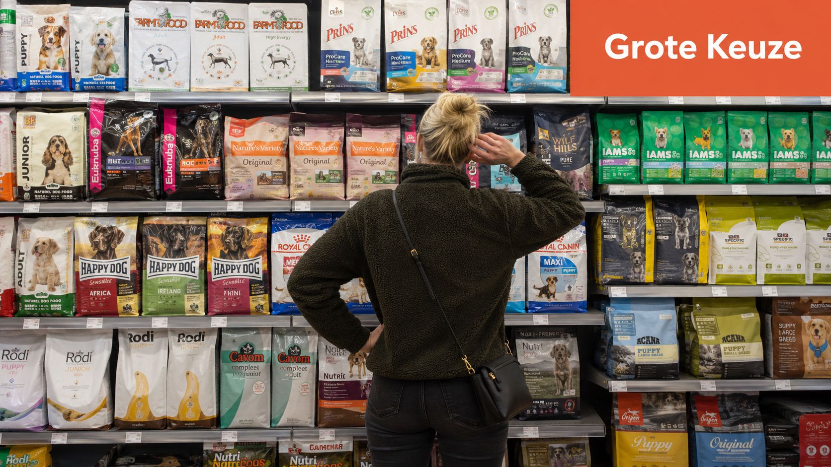 Een vrouw in een bruine trui staat voor een schap vol met verschillende soorten hondenvoer in een dierenwinkel.