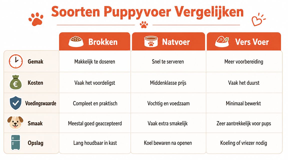 Een vergelijkingstabel van verschillende soorten puppyvoer: brokken, natvoer en vers voer met hun voor- en nadelen.