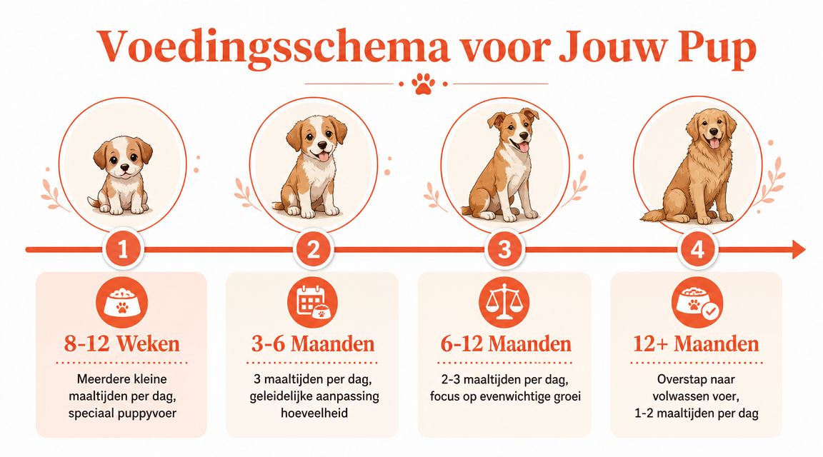 Een overzichtelijk voedingsschema voor puppy's, verdeeld in vier levensfases van 8 weken tot volwassen leeftijd.