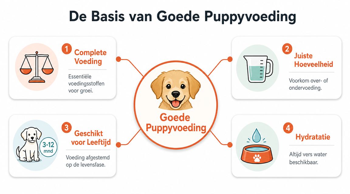 Een infografiek over de basisprincipes van gezonde voeding voor puppy's met vier belangrijke richtlijnen.