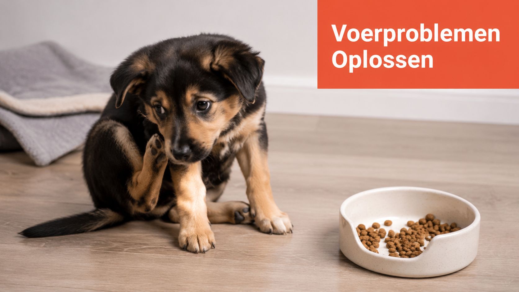 Een schattige puppy krabt zichzelf naast een voerbak met hondenbrokjes in een licht interieur.